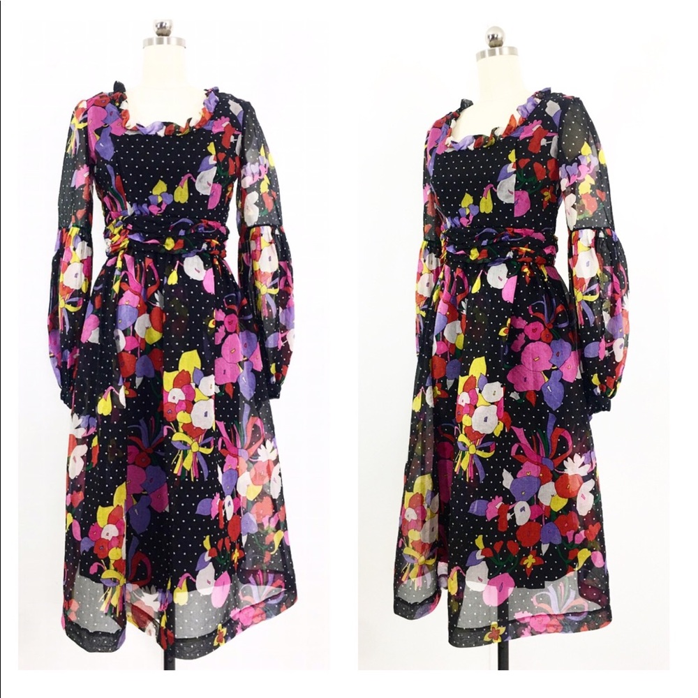 Vintage 70s Mollie Parnis Designer Chiffon Dress